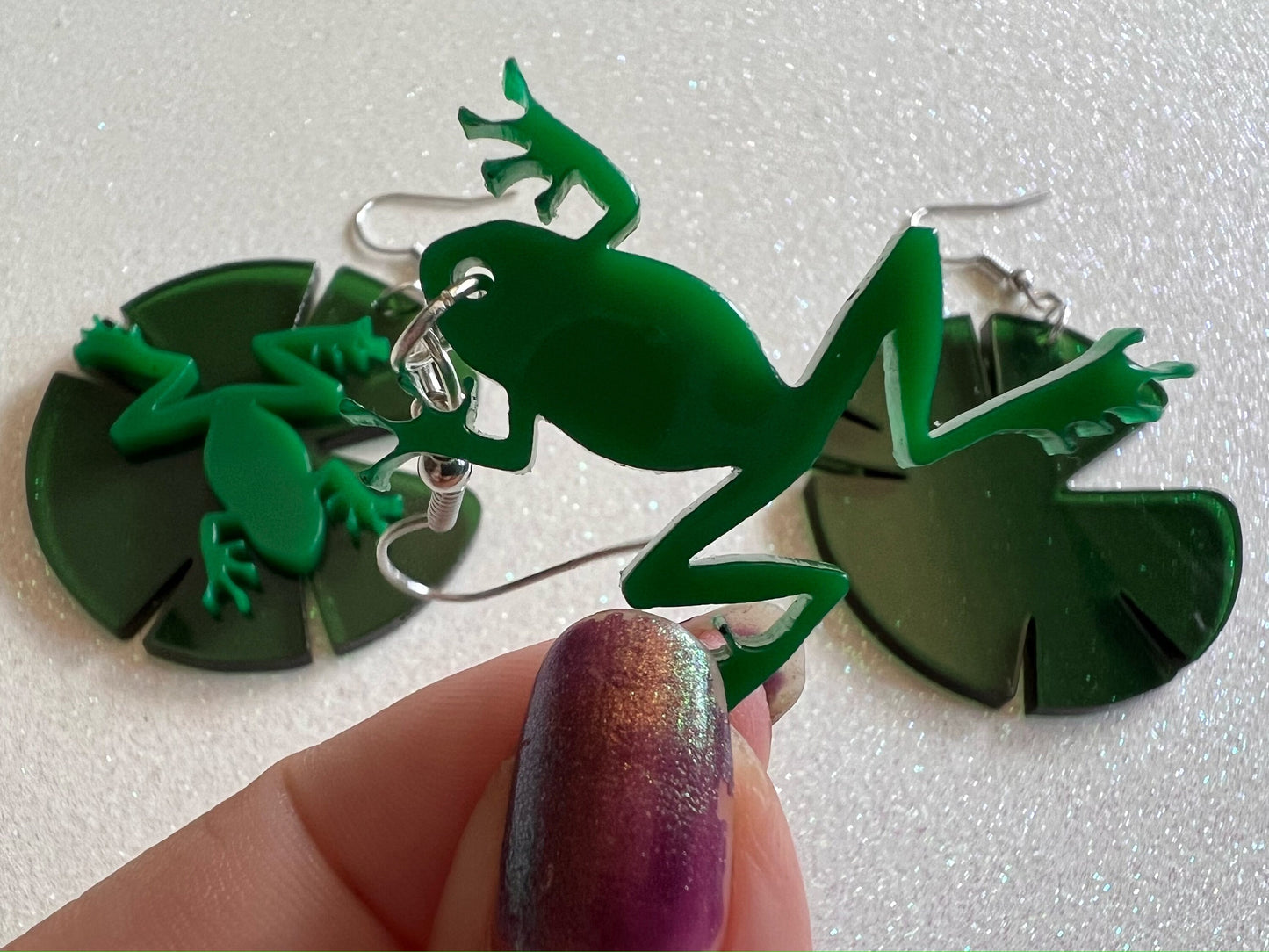 Frog on Lily Pad Earrings: Laser Cut Acrylic Green Frogs, Lily Pads, Fall Earrings, Animals, Gifts for Her/Him/Them