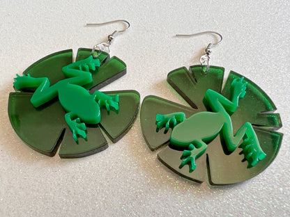 Frog on Lily Pad Earrings: Laser Cut Acrylic Green Frogs, Simple Frog Silhouette, Lily Pads, Fall Earrings, Animals, Gifts for Her/Him/Them