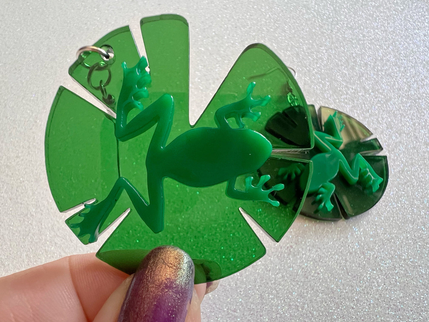 Frog on Lily Pad Earrings: Laser Cut Acrylic Green Frogs, Simple Frog Silhouette, Lily Pads, Fall Earrings, Animals, Gifts for Her/Him/Them