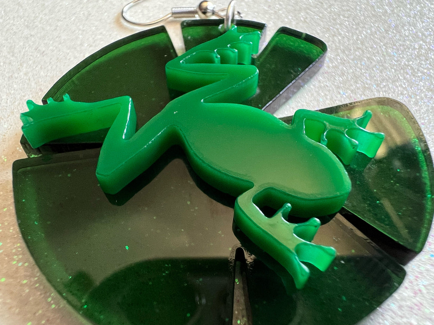 Frog on Lily Pad Earrings: Laser Cut Acrylic Green Frogs, Simple Frog Silhouette, Lily Pads, Fall Earrings, Animals, Gifts for Her/Him/Them