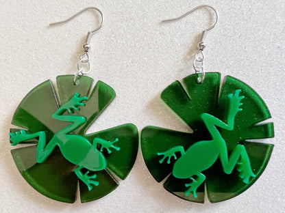 Frog on Lily Pad Earrings: Laser Cut Acrylic Green Frogs, Simple Frog Silhouette, Lily Pads, Fall Earrings, Animals, Gifts for Her/Him/Them