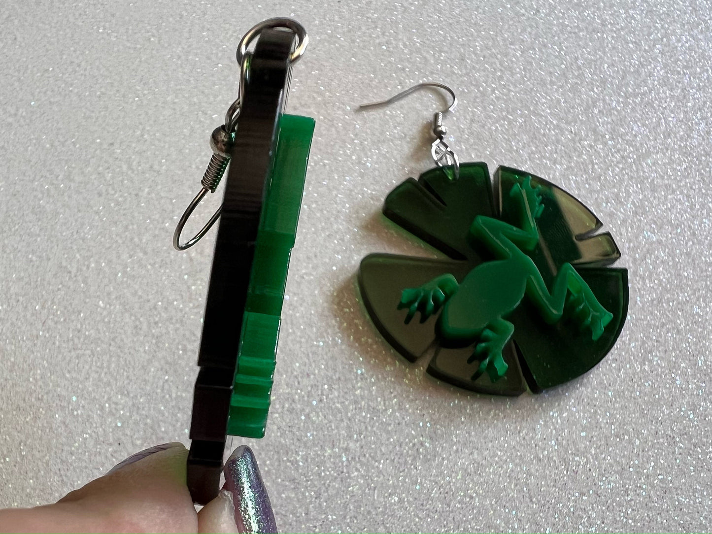 Frog on Lily Pad Earrings: Laser Cut Acrylic Green Frogs, Simple Frog Silhouette, Lily Pads, Fall Earrings, Animals, Gifts for Her/Him/Them