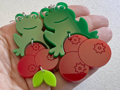 Frogs and Cranberries It Must Be Fall Earrings: Laser Cut Acrylic Frogs, Cranberry, Halloween, Autumn, Meme, Green, Gifts for Her/Him/Them