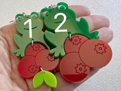 Frogs and Cranberries It Must Be Fall Earrings: Laser Cut Acrylic Frogs, Cranberry, Halloween, Autumn, Meme, Green, Gifts for Her/Him/Them