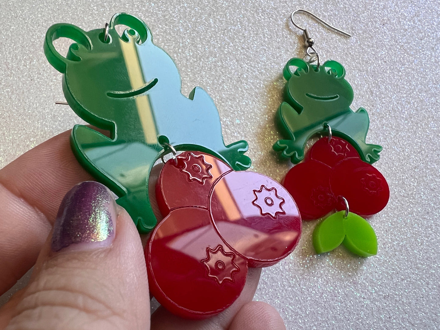 Frogs and Cranberries It Must Be Fall Earrings: Laser Cut Acrylic Frogs, Cranberry, Halloween, Autumn, Meme, Green, Gifts for Her/Him/Them