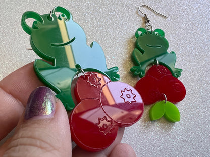 Frogs and Cranberries It Must Be Fall Earrings: Laser Cut Acrylic Frogs, Cranberry, Halloween, Autumn, Meme, Green, Gifts for Her/Him/Them
