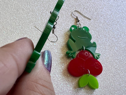 Frogs and Cranberries It Must Be Fall Earrings: Laser Cut Acrylic Frogs, Cranberry, Halloween, Autumn, Meme, Green, Gifts for Her/Him/Them
