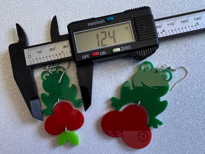 Frogs and Cranberries It Must Be Fall Earrings: Laser Cut Acrylic Frogs, Cranberry, Halloween, Autumn, Meme, Green, Gifts for Her/Him/Them