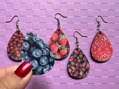 Fruit Earrings: Strawberry, Blueberry, Pomegranates, Cherries, Sublimated, Best Gifts for Her/Him/Them