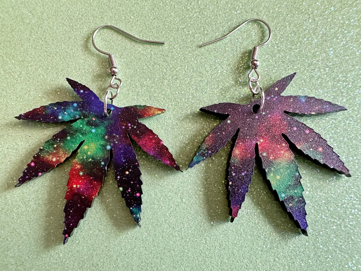 Galaxy  Leaf Earrings: Laser Cut Acrylic, Leaves, Nebula, High, Stars, Planets, Plants, 420, Space, Pot, Best Gifts for Her/Him/Them