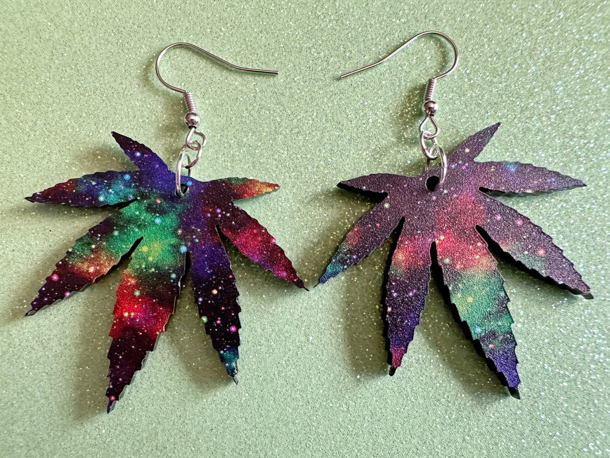 Galaxy  Leaf Earrings: Laser Cut Acrylic, Leaves, Nebula, High, Stars, Planets, Plants, 420, Space, Pot, Best Gifts for Her/Him/Them