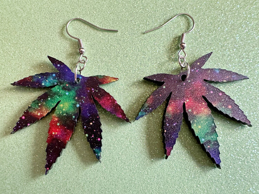 Galaxy  Leaf Earrings: Laser Cut Acrylic, Leaves, Nebula, High, Stars, Planets, Plants, 420, Space, Pot, Best Gifts for Her/Him/Them