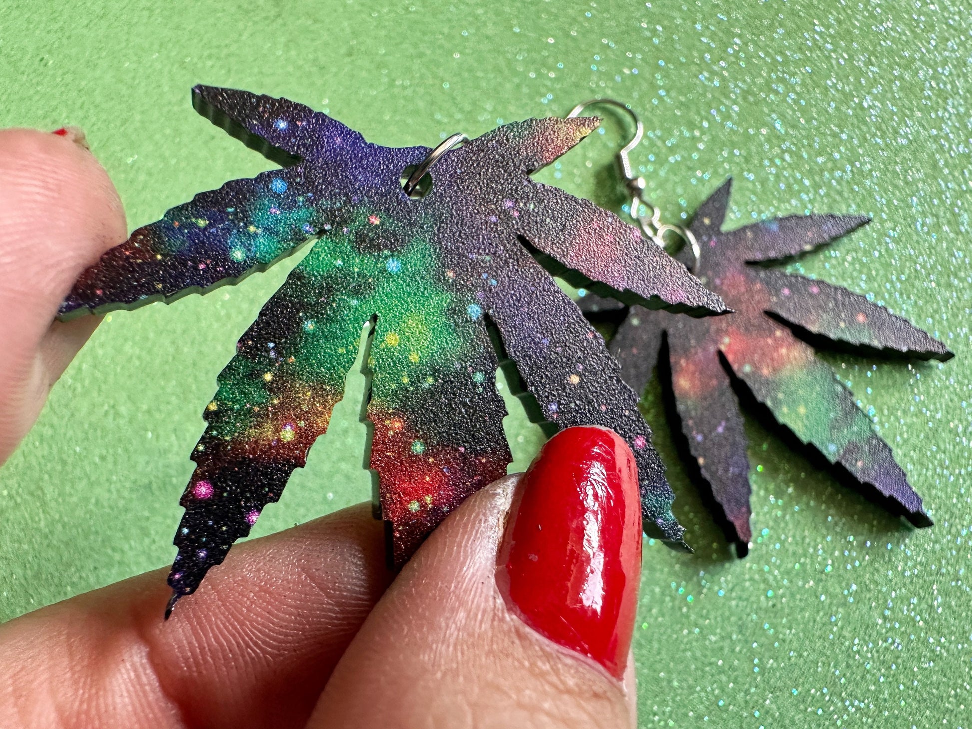 Galaxy  Leaf Earrings: Laser Cut Acrylic, Leaves, Nebula, High, Stars, Planets, Plants, 420, Space, Pot, Best Gifts for Her/Him/Them