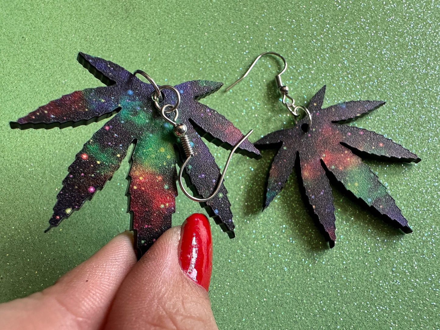 Galaxy  Leaf Earrings: Laser Cut Acrylic, Leaves, Nebula, High, Stars, Planets, Plants, 420, Space, Pot, Best Gifts for Her/Him/Them