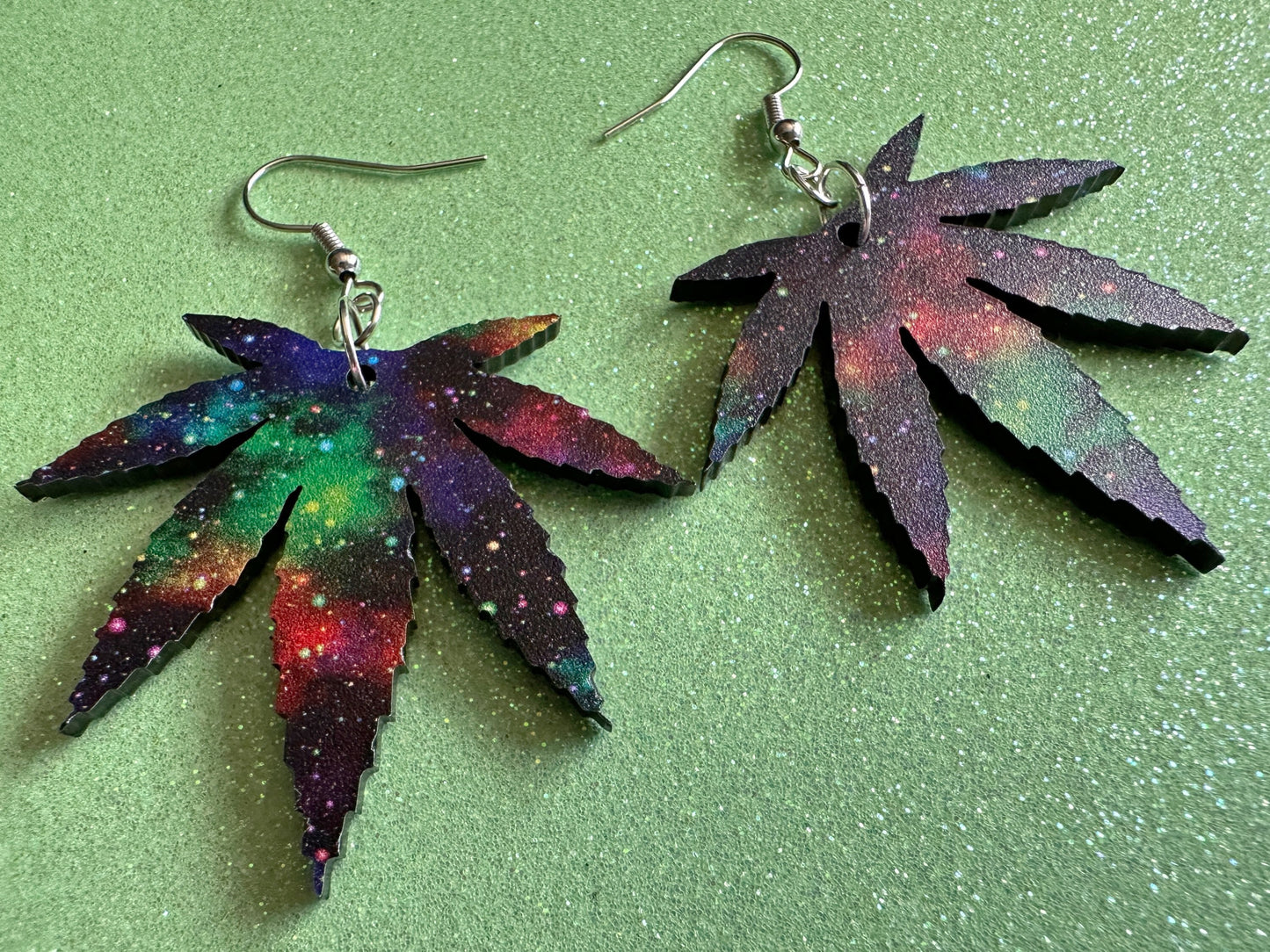 Galaxy  Leaf Earrings: Laser Cut Acrylic, Leaves, Nebula, High, Stars, Planets, Plants, 420, Space, Pot, Best Gifts for Her/Him/Them