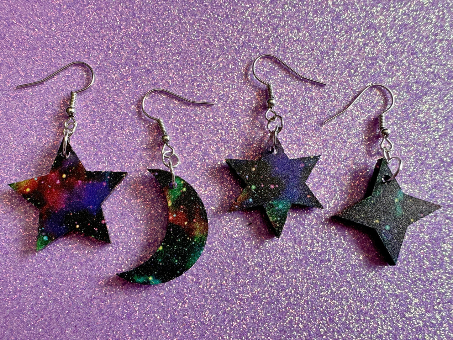 Galaxy Star & Moon Earrings: Laser Cut Acrylic Stars, Magic, Night Sky, Moons, Astrology, Astronomy, Space Themed, Gifts for Her/Him/Them