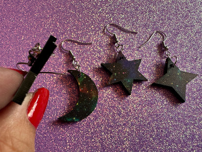 Galaxy Star & Moon Earrings: Laser Cut Acrylic Stars, Magic, Night Sky, Moons, Astrology, Astronomy, Space Themed, Gifts for Her/Him/Them