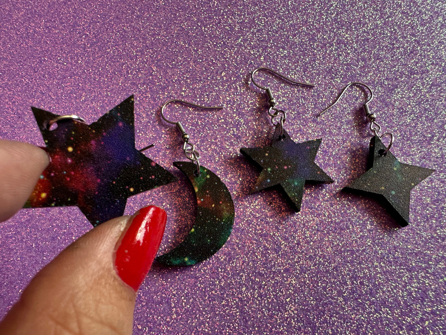 Galaxy Star & Moon Earrings: Laser Cut Acrylic Stars, Magic, Night Sky, Moons, Astrology, Astronomy, Space Themed, Gifts for Her/Him/Them