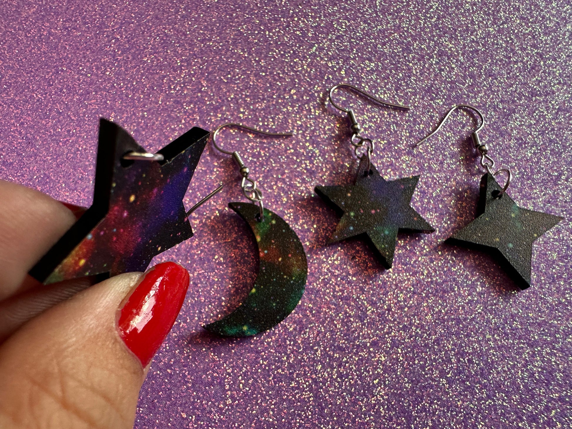Galaxy Star & Moon Earrings: Laser Cut Acrylic Stars, Magic, Night Sky, Moons, Astrology, Astronomy, Space Themed, Gifts for Her/Him/Them