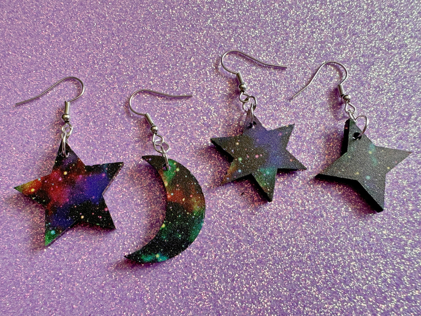 Galaxy Star & Moon Earrings: Laser Cut Acrylic Stars, Magic, Night Sky, Moons, Astrology, Astronomy, Space Themed, Gifts for Her/Him/Them