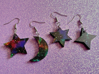 Galaxy Star & Moon Earrings: Laser Cut Acrylic Stars, Magic, Night Sky, Moons, Astrology, Astronomy, Space Themed, Gifts for Her/Him/Them