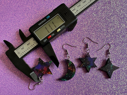 Galaxy Star & Moon Earrings: Laser Cut Acrylic Stars, Magic, Night Sky, Moons, Astrology, Astronomy, Space Themed, Gifts for Her/Him/Them