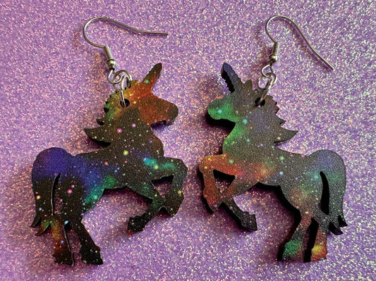 Galaxy Unicorn Earrings: Laser Cut Acrylic Space Earrings, Nebula, Magic, Magical Creature, Astrology, Astronomy, Gifts for Her/Him/Them