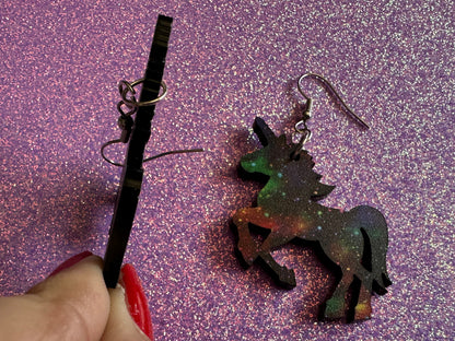 Galaxy Unicorn Earrings: Laser Cut Acrylic Space Earrings, Nebula, Magic, Magical Creature, Astrology, Astronomy, Gifts for Her/Him/Them