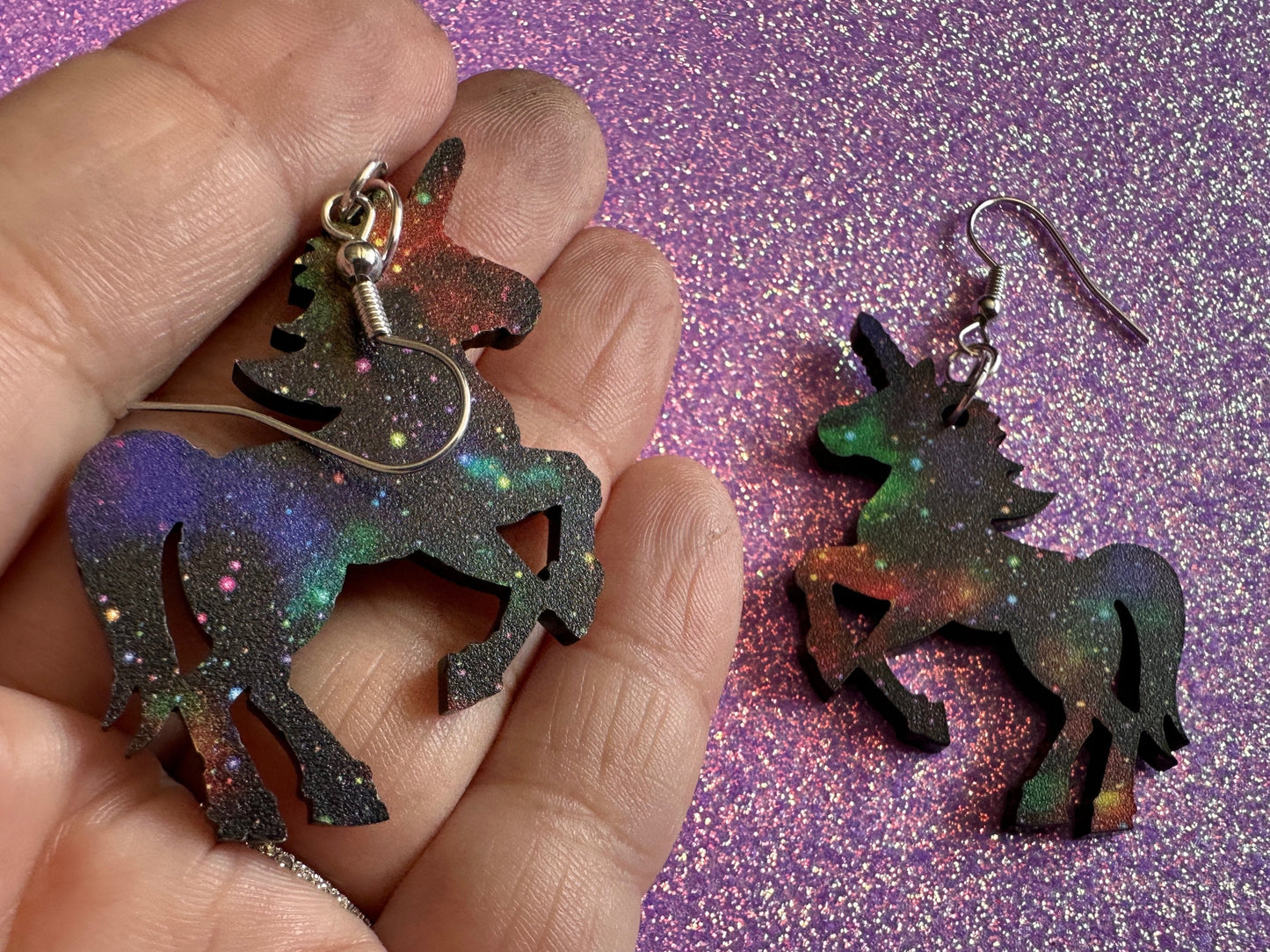Galaxy Unicorn Earrings: Laser Cut Acrylic Space Earrings, Nebula, Magic, Magical Creature, Astrology, Astronomy, Gifts for Her/Him/Them