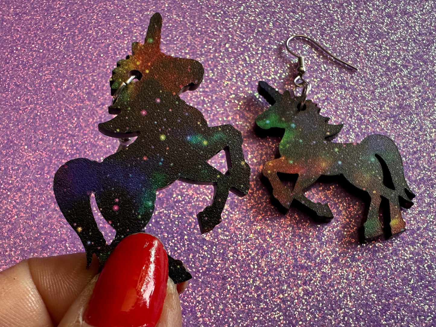 Galaxy Unicorn Earrings: Laser Cut Acrylic Space Earrings, Nebula, Magic, Magical Creature, Astrology, Astronomy, Gifts for Her/Him/Them