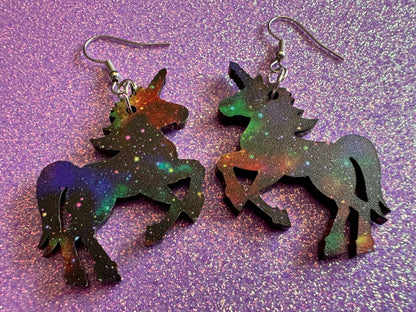 Galaxy Unicorn Earrings: Laser Cut Acrylic Space Earrings, Nebula, Magic, Magical Creature, Astrology, Astronomy, Gifts for Her/Him/Them