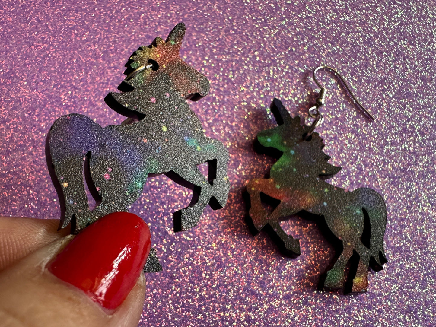 Galaxy Unicorn Earrings: Laser Cut Acrylic Space Earrings, Nebula, Magic, Magical Creature, Astrology, Astronomy, Gifts for Her/Him/Them