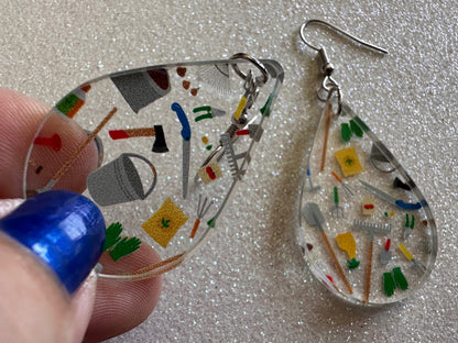 Gardening Earrings: Laser Cut Acrylic Gardening Tools, Green Earrings, Plants, Gardener, Garden, Rake, Shovel, Farm, Gifts for Her/Him/Them