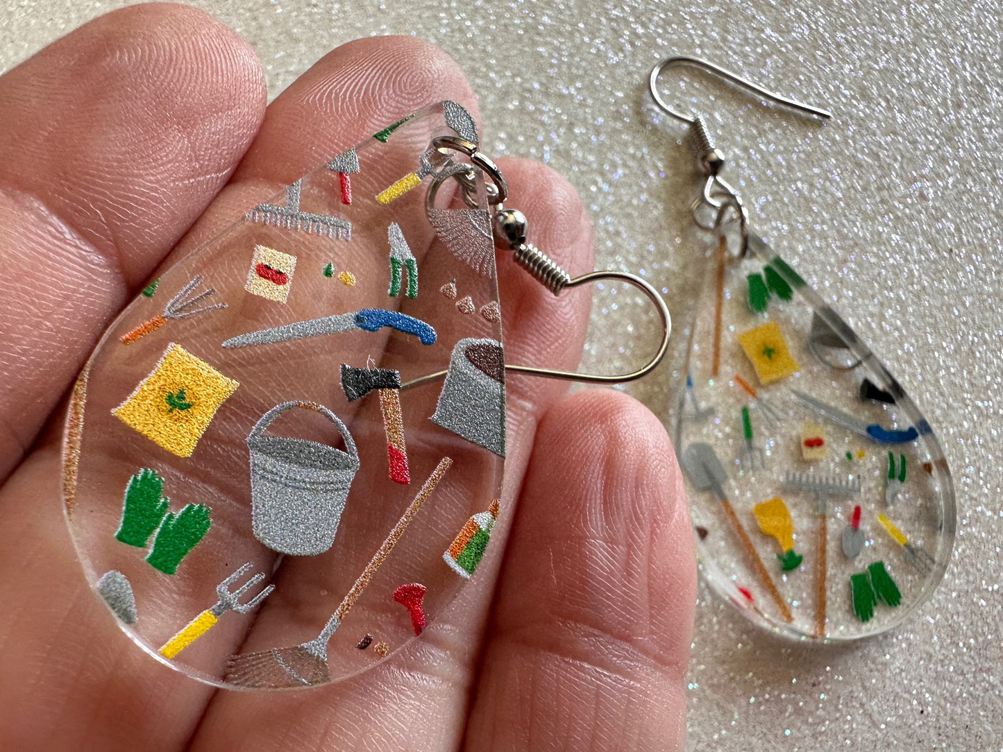 Gardening Earrings: Laser Cut Acrylic Gardening Tools, Green Earrings, Plants, Gardener, Garden, Rake, Shovel, Farm, Gifts for Her/Him/Them