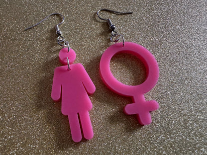 Gender Identity Earrings: Laser Cut Acrylic Female Gender Signs, Pronouns, Pride Week, She/Her, Trans, Best Gifts for Her/Him/Them