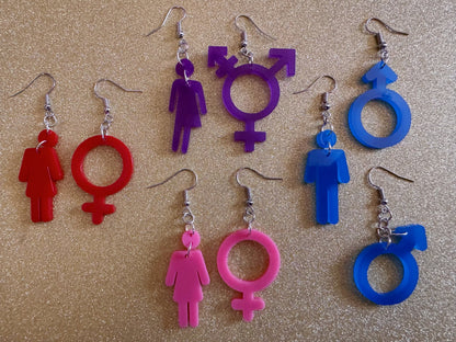 Gender Identity Earrings: Laser Cut Acrylic Gender Signs, Pronouns, Pride, Male, Female, Neutral, Trans, Best Gifts for Her/Him/Them