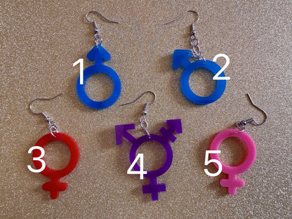 Gender Identity Earrings: Laser Cut Acrylic Gender Signs, Pronouns, Pride, Male, Female, Neutral, Trans, Best Gifts for Her/Him/Them