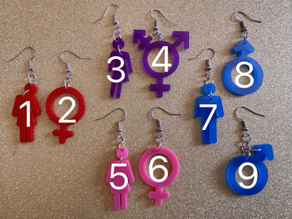Gender Identity Earrings: Laser Cut Acrylic Gender Signs, Pronouns, Pride, Male, Female, Neutral, Trans, Best Gifts for Her/Him/Them