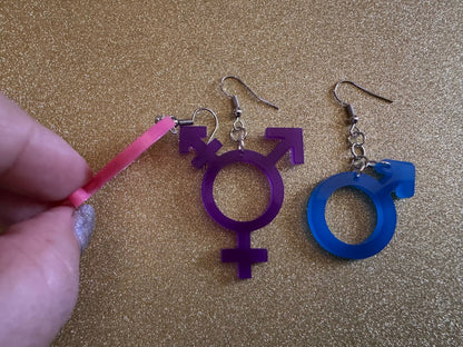 Gender Identity Earrings: Laser Cut Acrylic Gender Signs, Pronouns, Pride, Male, Female, Neutral, Trans, Best Gifts for Her/Him/Them
