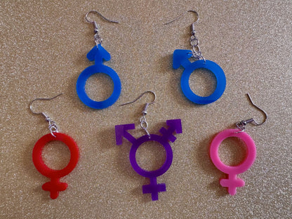 Gender Identity Earrings: Laser Cut Acrylic Gender Signs, Pronouns, Pride, Male, Female, Neutral, Trans, Best Gifts for Her/Him/Them