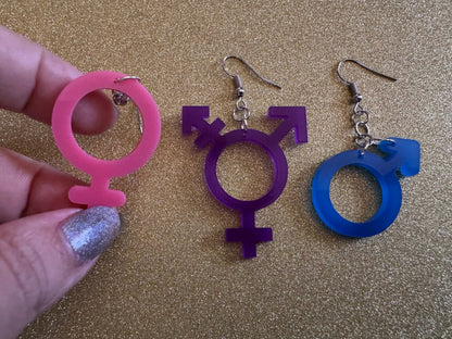 Gender Identity Earrings: Laser Cut Acrylic Gender Signs, Pronouns, Pride, Male, Female, Neutral, Trans, Best Gifts for Her/Him/Them