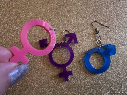 Gender Identity Earrings: Laser Cut Acrylic Gender Signs, Pronouns, Pride, Male, Female, Neutral, Trans, Best Gifts for Her/Him/Them