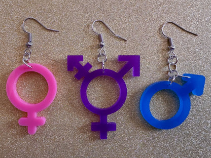 Gender Identity Earrings: Laser Cut Acrylic Gender Signs, Pronouns, Pride, Male, Female, Neutral, Trans, Best Gifts for Her/Him/Them