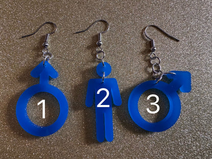 Gender Identity Earrings: Laser Cut Acrylic Male Gender Signs, Pronouns, Pride Week, He/Him, Trans, Best Gifts for Her/Him/Them