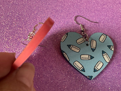 Gender Reveal Earrings: Laser Cut Acrylic Baby Bottle Earrings, Baby Shower, Mothers Day, Boy, Girl, Pink, Blue, Best Gifts for Her/Him/Them