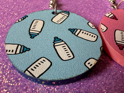 Gender Reveal Earrings: Laser Cut Acrylic Baby Bottle Earrings, Baby Shower, Mothers Day, Boy, Girl, Pink, Blue, Best Gifts for Her/Him/Them