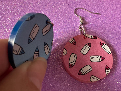 Gender Reveal Earrings: Laser Cut Acrylic Baby Bottle Earrings, Baby Shower, Mothers Day, Boy, Girl, Pink, Blue, Best Gifts for Her/Him/Them