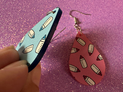 Gender Reveal Earrings: Laser Cut Acrylic Baby Bottle Earrings, Baby Shower, Mothers Day, Boy, Girl, Pink, Blue, Best Gifts for Her/Him/Them