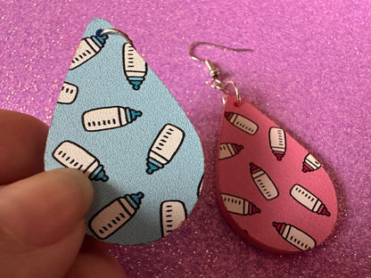 Gender Reveal Earrings: Laser Cut Acrylic Baby Bottle Earrings, Baby Shower, Mothers Day, Boy, Girl, Pink, Blue, Best Gifts for Her/Him/Them
