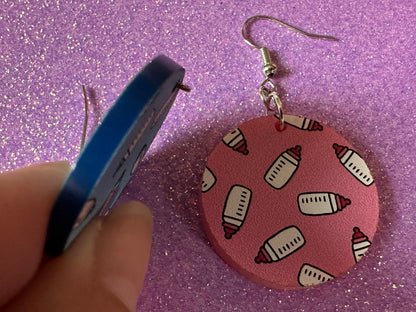 Gender Reveal Earrings: Laser Cut Acrylic Baby Bottle Earrings, Baby Shower, Mothers Day, Boy, Girl, Pink, Blue, Best Gifts for Her/Him/Them